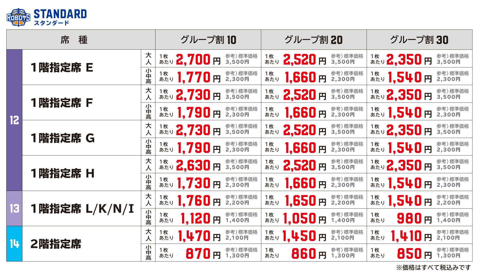 グループ割価格表 ADみと STANDARD